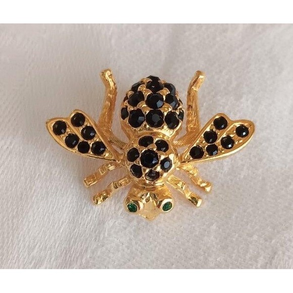 Joan Rivers Black Rhinestone Bee Brooch Pin Green Eyes Vintage - Picture 1 of 3